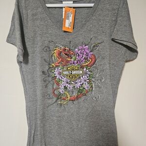 Harley-Davidson Gray Tee with Red Dragon and Purple Floral Design